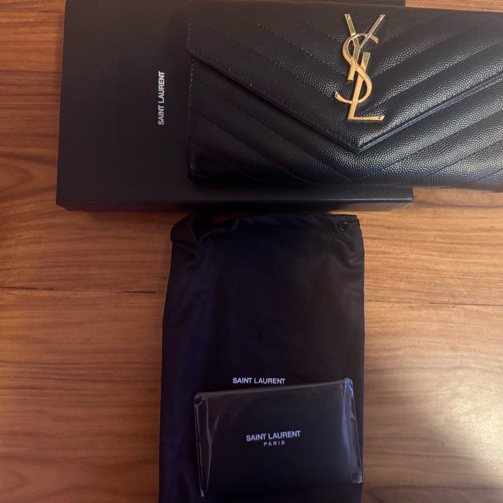 Saint Laurent Black and Gold Wallets with Chevron Design